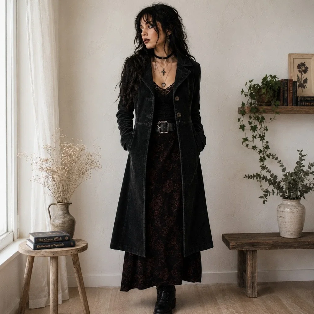 Vtg Y2K Blue Asphalt Trench Coat S Black Suede Whimsigoth Gritty Retro Edge